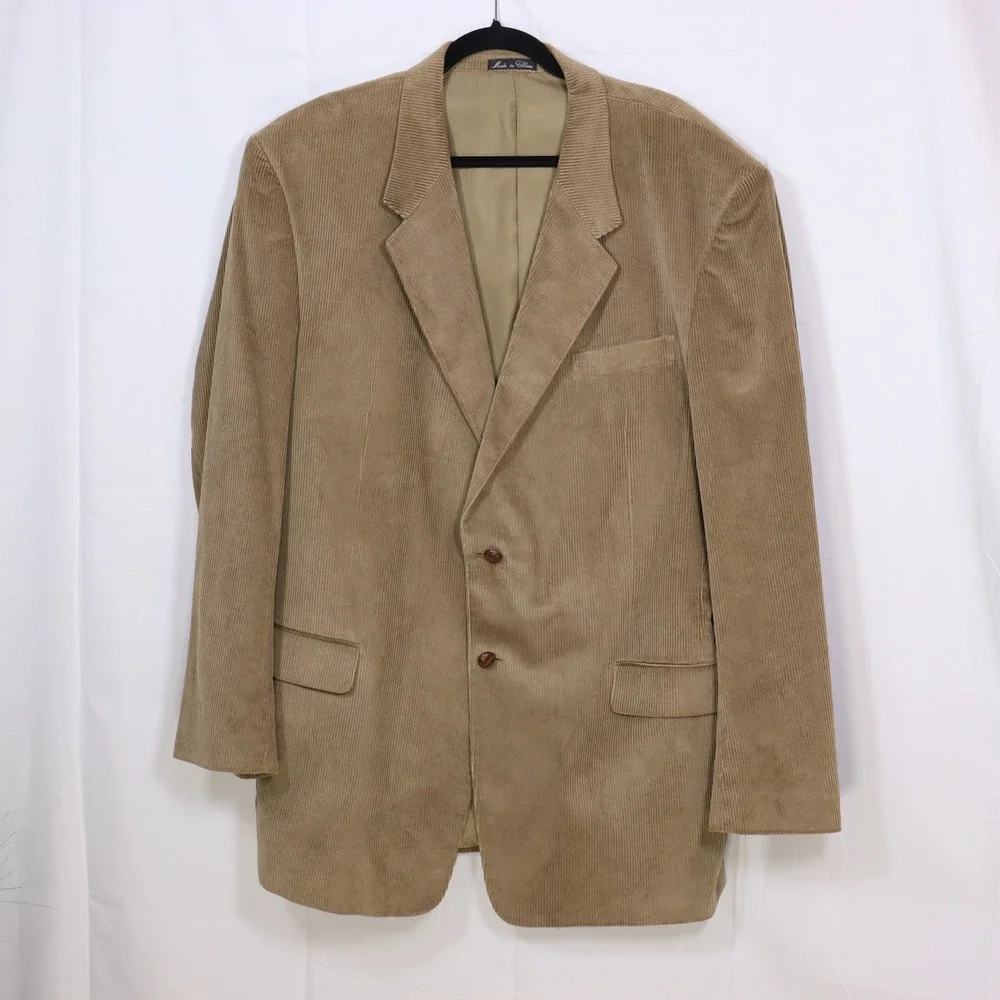 Monsieur Adolfo Corduroy Blazer Mens 46L Tan Two Button Sport Coat Dark Academia